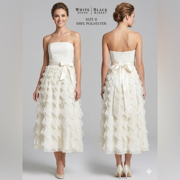 White House Black Market Dresses & Skirts - White House Black Market Ivory Strapless Ruffle Midi Dress